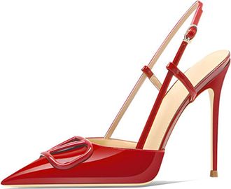 Generic Womens Slingback Stiletto Heels Pointed Toe High Heel Dress Shoes Patent Leather Buckle Strap Classic Formal Footwear for Wedding & Evening Party,Red,