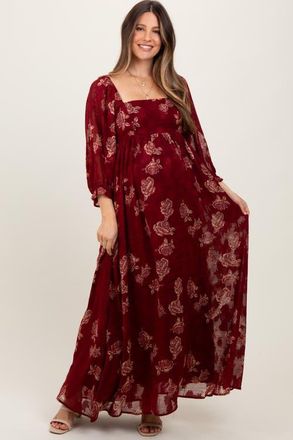 Pinkblush Multi Floral Textured Peasant Babydoll Maxi Dress in Burgundy at Nordstrom, Size Medium