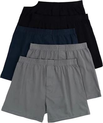 Generic 5 pack Mens Boxers Loose Fit - Super Soft 100% Cotton Underwear Solid colours Comfort Stretch Waistband Dark Assorted M