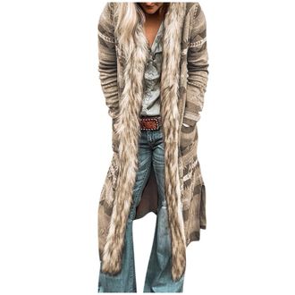 Generic Womens Faux Fur Trim Collar Cardigan Vintage Geometric Print Open Front Long Jacket Parka Outerwear with Pockets Khaki
