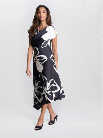 Gina Bacconi Womens Maude Floral Print Asymmetrical Midi Dress - Black - Size 12 UK