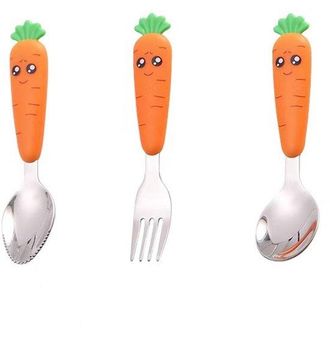 OEM Juego De Cubiertos Infantiles De 3 Piezas - Dise&ntilde;o Wortel, Acero Inoxidable 304, Con Cuchara, Tenedor Y Cuchara Para Patatas, Libre De Bpa