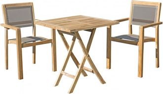 Macabane Mesa y sillas de jard&iacute;n de madera de teca y textileno topo 2 personas