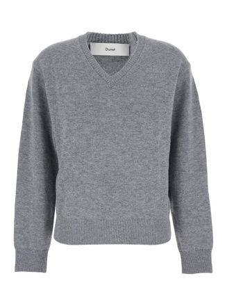 Dunst Grey Crew Neck Sweater With Ribbed Details In Cashmere Woman