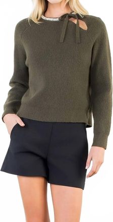 THML Clothing Jeweled Neck & Ties Sweater In Olive