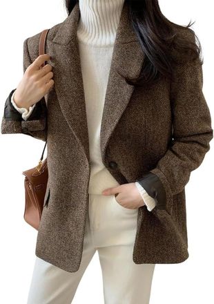 Generic Womens Fall and Winter Fashion Casual Business Single-Breasted Wool Blend Blazer Elegant Business Casual Loose Career Wedding Guests Blazer (Coffee,XL