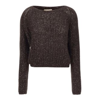 Kaos Trui met open structuur en pailletten - Dames - Ronde hals truien - Bruin - L - Pailletten - Truien & Vesten