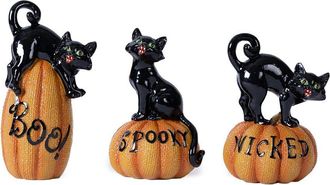 Melrose International Set Of 3 Black Cat On Pumpkin Figurine