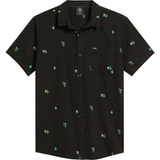 Rip Curl Skelly Breach Tropical Print Short Sleeve Cotton Chambray Button-Down Shirt in Black at Nordstrom, Size Xx-Large
