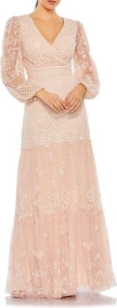 Mac Duggal Sequined Tiered Wrap Over Puff Sleeve Gown in Blush at Nordstrom, Size 16