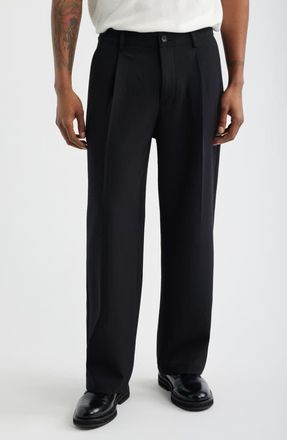 Open Edit Relaxed Pleated Stretch Twill Pants in Black at Nordstrom, Size 28