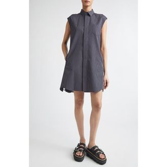 sacai Stripe Cap Sleeve Poplin & Chiffon Shirtdress in Navy Stripe at Nordstrom, Size 1