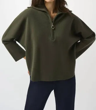 Joseph Ribkoff Zipped Collar 3/4 Sleeves Boxy Sweater Top In Avocado
