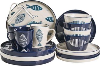 Beliani Vajilla De 16 Piezas De Porcelana Hecha A Mano Con Acabado De Esmalte Reactivo Motivo Pez Blanco Y Azul Tamarind