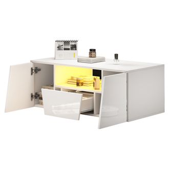STILVORA Mesa De Centro Con 2 Armarios Y 1 Caj&oacute;n Y Led, Acabado Brillo, Estilo Moderno, En Tablero De Part&iacute;culas, 100&times;50&times;40 Cm, Blanco