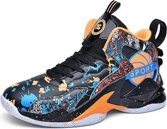 Generic Mens Fashionable Basketball Shoes High top Graffiti Anti Slip Casual Sports Training Boots Walking Shoes(Black,3.5 UK)