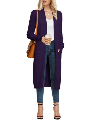 Grace Karin Women Solid Color Knitted Long Cardigans Sweater Long Sleeve V Neck Knitwear M Purple
