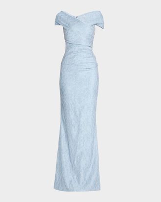 Teri Jon Off-Shoulder Metallic Jacquard Column Gown