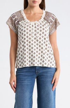 Lucky Brand Tie V-Neck Short Sleeve Top in Cream Multi at Nordstrom Rack, Size X-Large