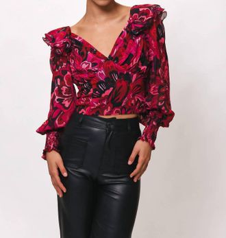 Hutch Teny Long Sleeve Top In Cabernet Textured Retro Floral
