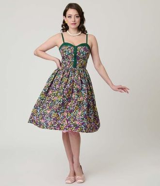 Unique Vintage 1950s Sleeveless Swing Dress in Green Ditzy Floral Print at Nordstrom, Size X-Large