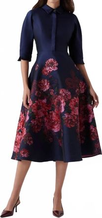 Teri Jon Jacquard Floral Paisley Shirt Waist Midi Dress In Navy Multi