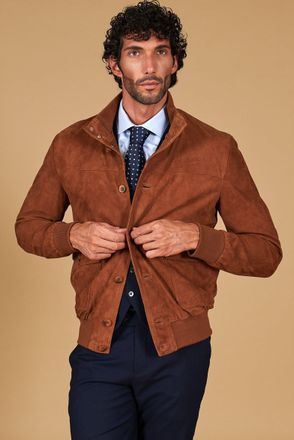 D'Arienzo Giacca bomber in pelle camoscio cognac con bottoni e tasconi DArienzo, Seleziona Taglia 50, Colore Cuoio