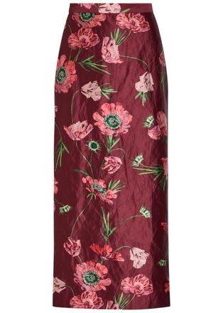 Erdem Floral-print Satin Midi Pencil Skirt - Red - 10 (UK10 / S)