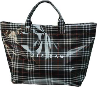 Generic Plaid PVC Tote Bag for Women, Large Letter Print Handbag, Waterproof Coated Shopping Bag, Spacious Bag for Travel, Daily Use (Black Tartan)