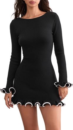 Generic Felcia Jumper Dress for Women Crew Neck Long Sleeve Lettuce Edge Knit Bodycon Mini Dress Elegant Party Short Dress Streetwear (A-Black, S)