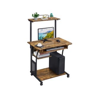 Yaheetech Scrivania Computer pc e Stampante con Ruote Ufficio Mobile Tavolo per Computer e Stampante Tastiera Scorrevole da Studio Marrone Rustico - Yaheetech