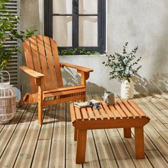 Sweeek Wooden Retro Garden Deck Chair With Side Table in Light Brown