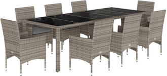 vidaXL Set Comedor Jard&iacute;n 9 Pzas Y Cojines Rat&aacute;n Sint&eacute;tico Vidrio Gris Vidaxl