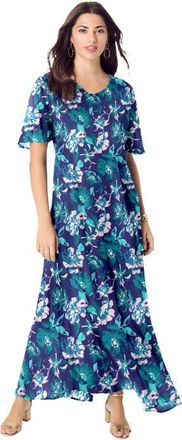 Roaman's Plus Size Hand Crinkled Flutter Sleeve Maxi Dress in Navy Bold Painted Floral at Nordstrom, Size 20