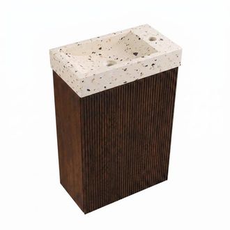 Saniclass Holz Atelier Toiletmeubelset - 40x60.5cm - 1 deur - fontein terrazo - kraangat rechts - eiken charcoal