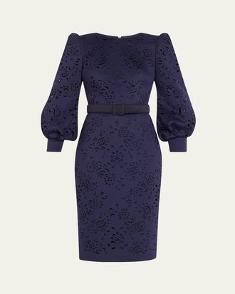 Badgley Mischka Blouson-Sleeve Paisley Cutout Dress