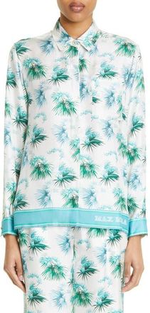 Max Mara Svago Tropical Floral Silk Button-Up Shirt in Turquoise at Nordstrom, Size 4