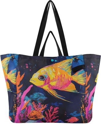 Generic Yellow Fish Blue print Reusable Canvas Tote Bag, Heavy Duty Grocery Shopping Bag with Double Handles Large Capacity Hard Bottom Work Groceries Travel