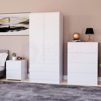 Home Discount Home Discount - 3 Piece Denver Bedroom Set, 2 Drawer Large Bedside Chest, 4 Drawer Chest, 2 Door 2 Drawer Wardrobe, White