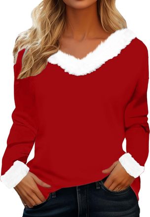 Generic Fluffy Christmas Jumpers for Women Fuzzy Faux Fur Trim Long Sleeve V Neck T Shirt Plush Collar Sweatshirt Xmas Pullover Tops, A01-Red, XXL