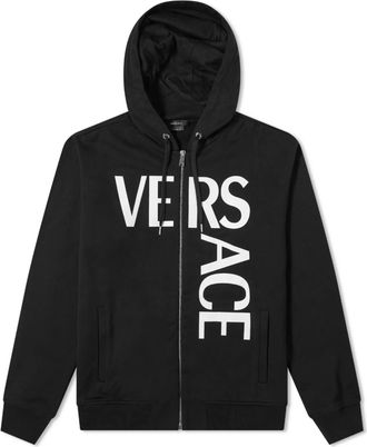 Versace Logo Printed Zip Up Black Cotton Hoodie Size M