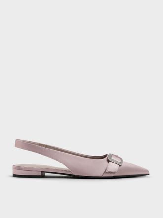 Charles & Keith Satin Crystal-Buckle Pointed-Toe Slingback Flats