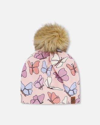 Deux par Deux Stretch Jersey Hat Printed Butterflies with Pompom in Pink Printed Butterflies at Nordstrom, Size 12-24 M