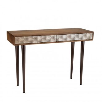 Macabane Consola de madera de mango 2 cajones con motivos &eacute;tnicos dorados