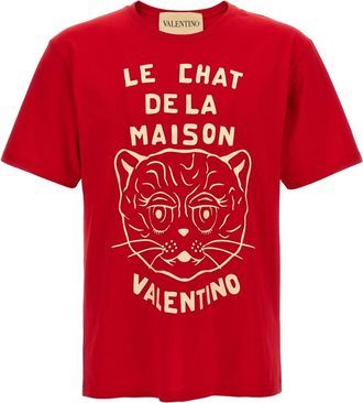 Valentino Garavani Cotton T-Shirt With Le Chat De La Maison Print - Heren - T-shirts - Rood - L - Katoen - Tops