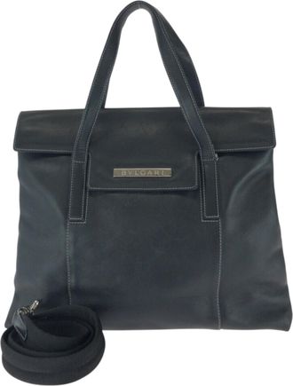 Bulgari Black Leather Shoulder Bag Tote Bag (Pre-Owned)