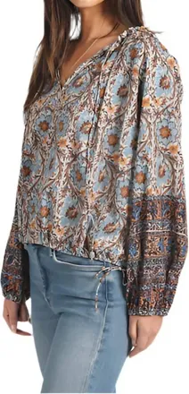 Dylan Talia Printed Blouse In Denim/brown