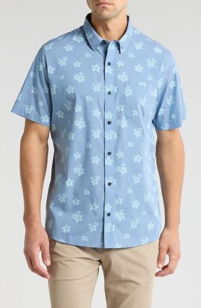 Travis Mathew Dine and Drive Short Sleeve Button-Up Shirt in Heather Quiet Harbor at Nordstrom Rack, Size X-Large