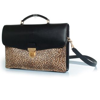 Celine Celine, lederen aktetas met luipaardprint in zwart en bruin