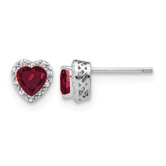 Diamond2Deal 14k White Gold 1/10 Ct Lab Grown Diamond and Created Ruby Heart Halo Stud Earrings
